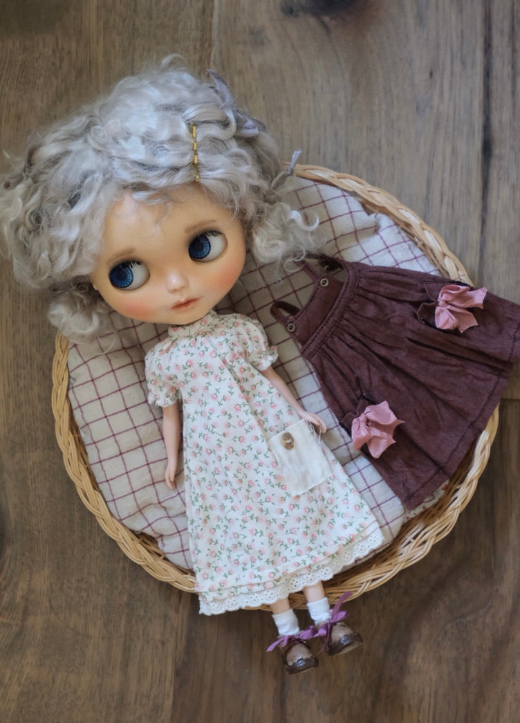 Gathered neck dress and pinafore apron