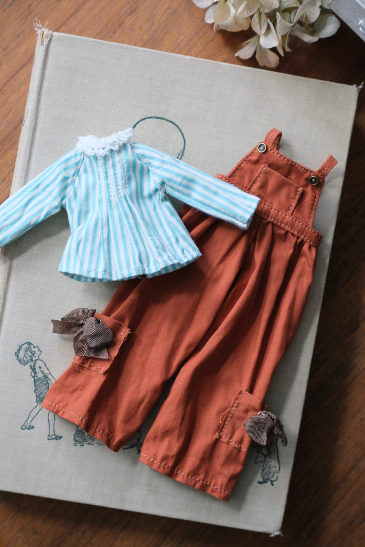 Striped Shirt and Overalls - Brown