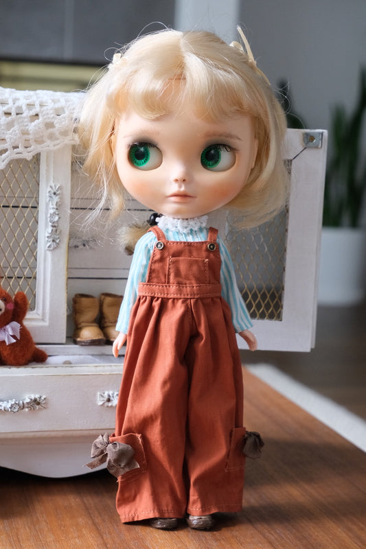 Striped Shirt and Overalls - Brown