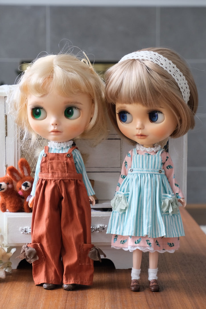 Striped Shirt and Overalls - Brown