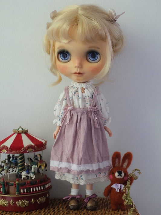 Gathered neck dress and apron_Pink