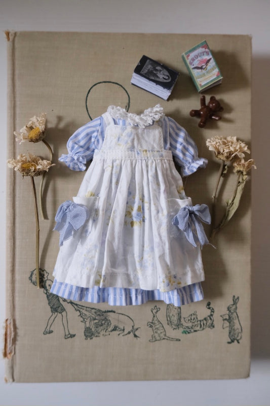 Dress and Pinafore apron - Blue stripes/White floral